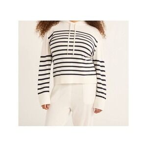 Free Assembly Womens Sweater Size L Cream 100 Horizontal Stripe Cozy Yarn Hoodie